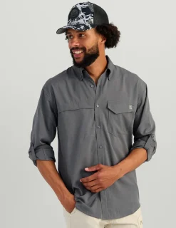 Huk Gear Button Downs-Tide Point Heathered Ripstop Button-Down Black Heather