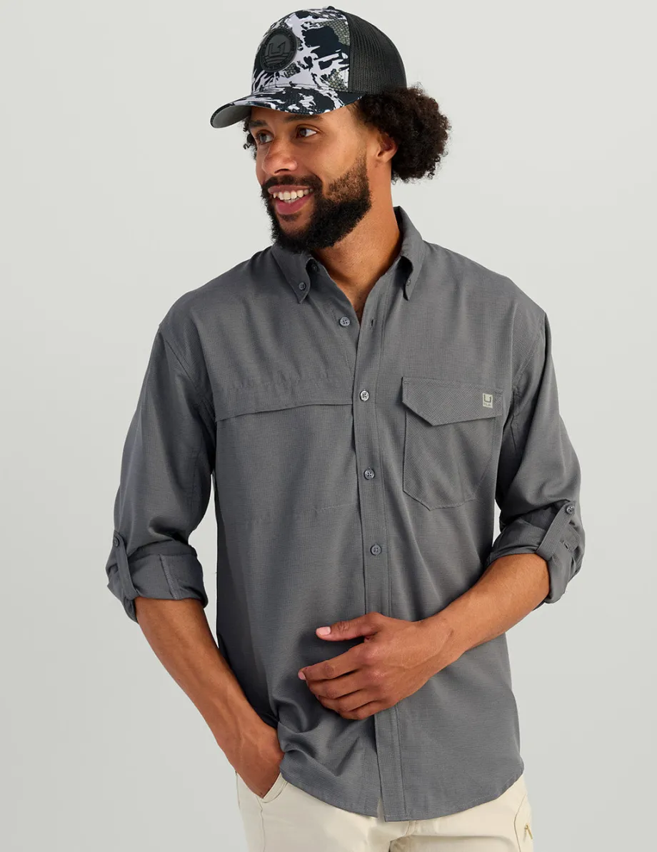 Huk Gear Button Downs-Tide Point Heathered Ripstop Button-Down Black Heather