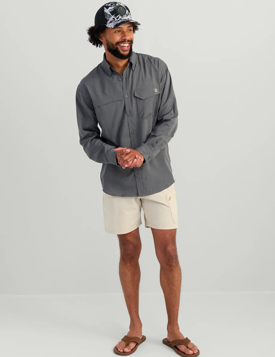 Huk Gear Button Downs-Tide Point Heathered Ripstop Button-Down Black Heather