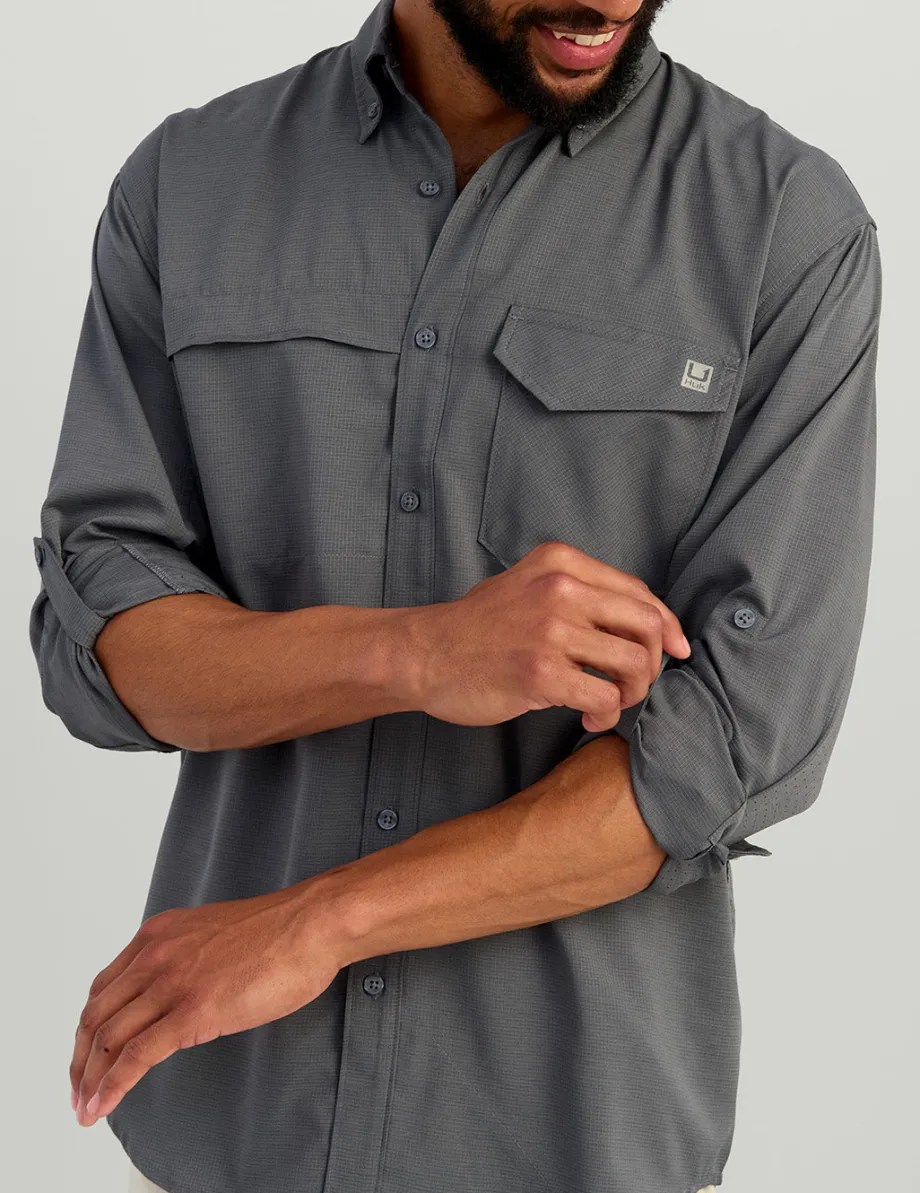 Huk Gear Button Downs-Tide Point Heathered Ripstop Button-Down Black Heather