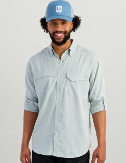 Huk Gear Button Downs-Tide Point Heathered Ripstop Button-Down North Atlantic Heather