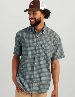 Huk Gear Button Downs-Tide Point Short Sleeve Button-Down Harbor Mist Mini Plaid