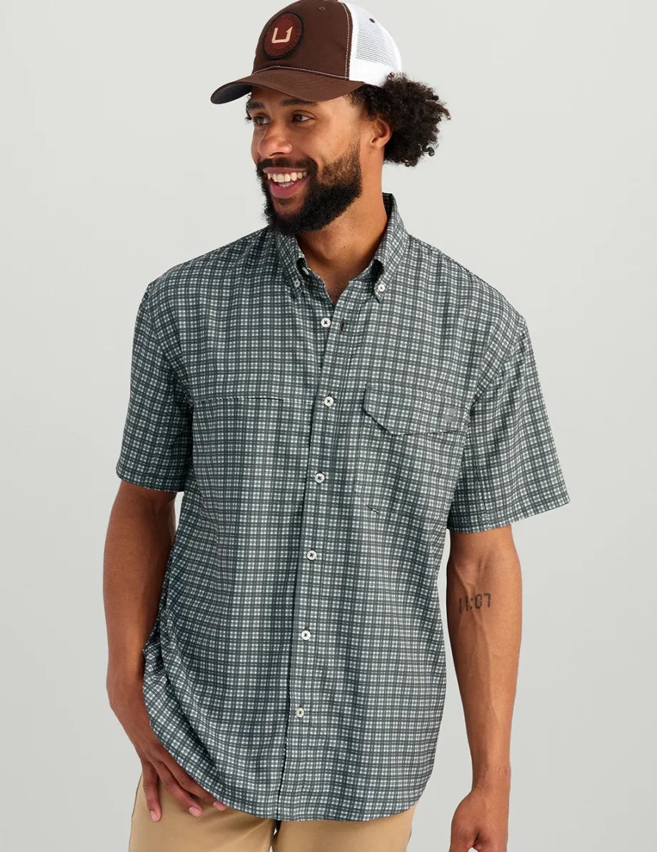Huk Gear Button Downs-Tide Point Short Sleeve Button-Down Harbor Mist Mini Plaid