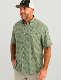Huk Gear Button Downs-Tide Point Short Sleeve Button-Down Fog Green Raw Bar