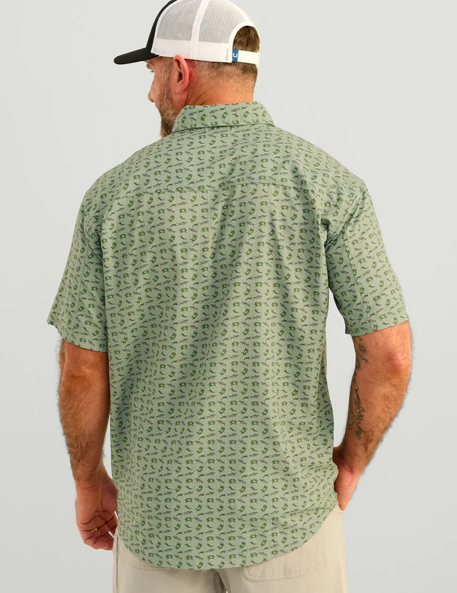 Huk Gear Button Downs-Tide Point Short Sleeve Button-Down Fog Green Raw Bar