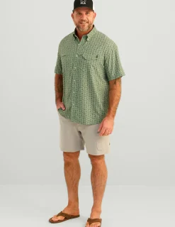 Huk Gear Button Downs-Tide Point Short Sleeve Button-Down Fog Green Raw Bar