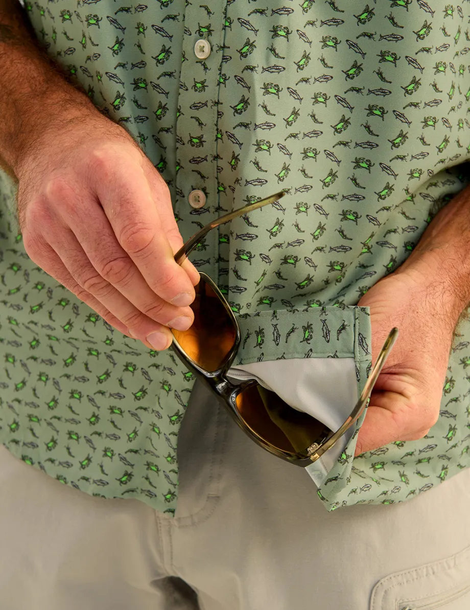 Huk Gear Button Downs-Tide Point Short Sleeve Button-Down Fog Green Raw Bar