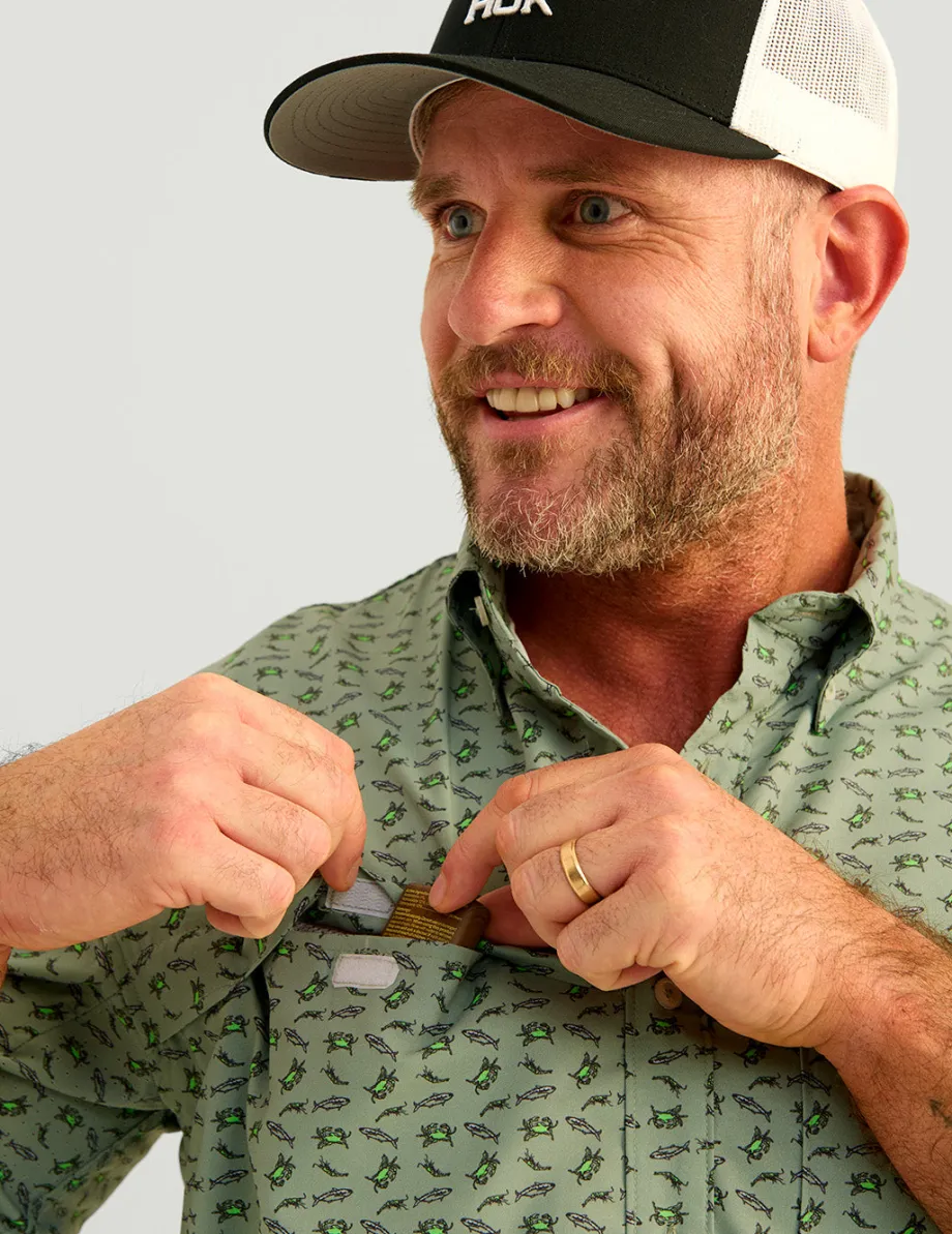 Huk Gear Button Downs-Tide Point Short Sleeve Button-Down Fog Green Raw Bar