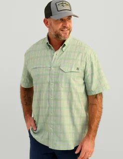 Huk Gear Button Downs-Tide Point Short Sleeve Button-Down Harbor Mist Marlin Plaid