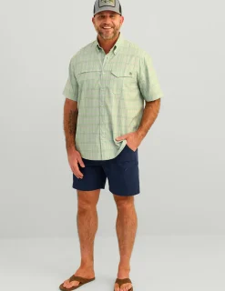 Huk Gear Button Downs-Tide Point Short Sleeve Button-Down Harbor Mist Marlin Plaid