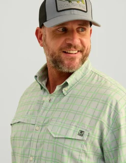 Huk Gear Button Downs-Tide Point Short Sleeve Button-Down Harbor Mist Marlin Plaid