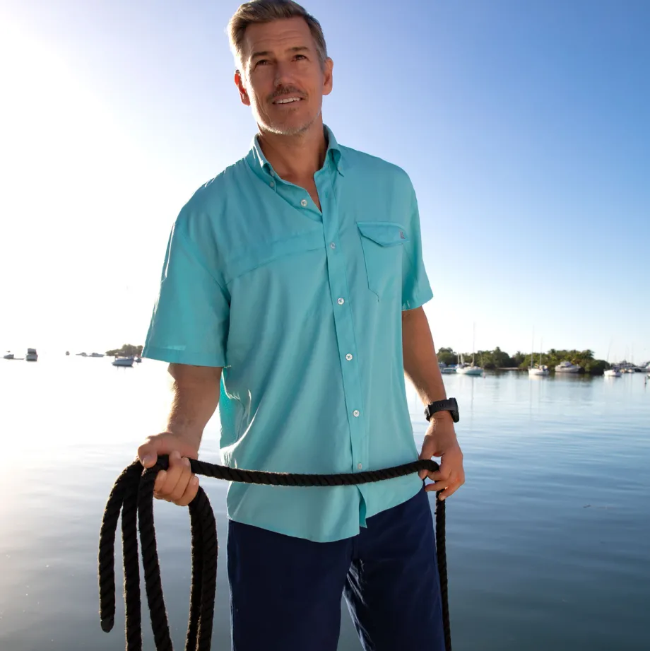 Huk Gear Button Downs-Tide Point Short Sleeve Button-Down Marine Blue