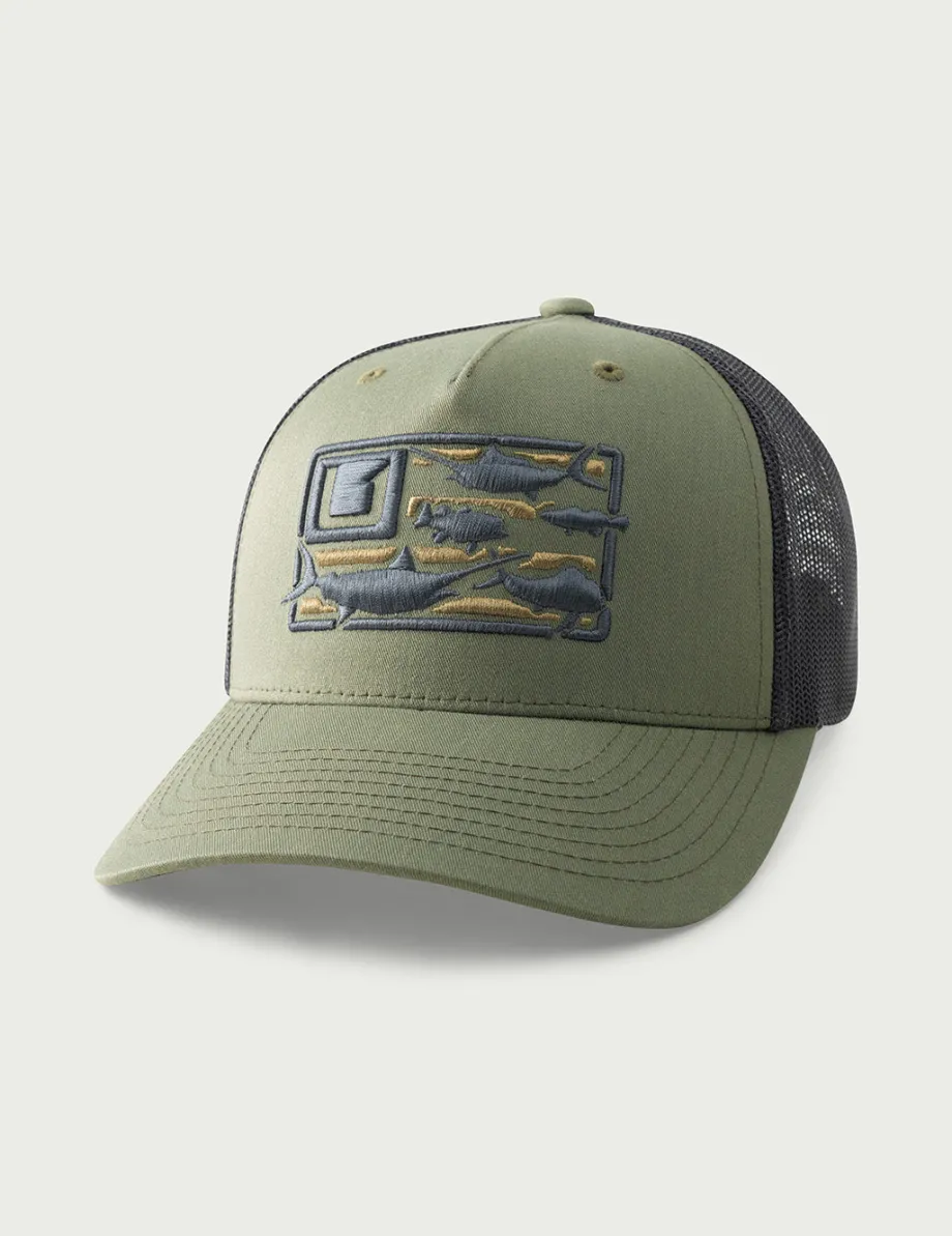 Huk Gear Hats-Trophy Flag Trucker Hat Moss