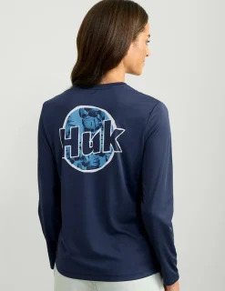 Huk Gear Performance Tops-Womens Huk Circle Palm Pursuit Performance V-Neck Naval Academy