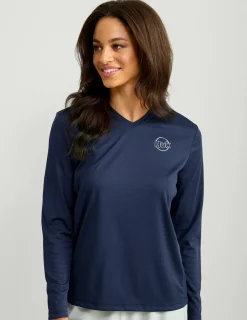 Huk Gear Performance Tops-Womens Huk Circle Palm Pursuit Performance V-Neck Naval Academy