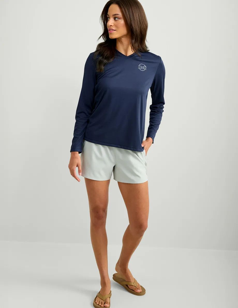 Huk Gear Performance Tops-Womens Huk Circle Palm Pursuit Performance V-Neck Naval Academy