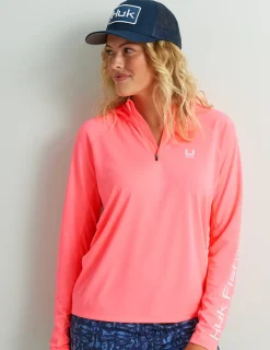 Huk Gear Performance Tops-Womens Icon Performance Hoodie Neon Coral