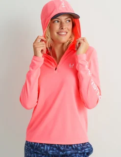Huk Gear Performance Tops-Womens Icon Performance Hoodie Neon Coral