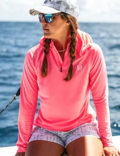 Huk Gear Performance Tops-Womens Icon Performance Hoodie Neon Coral