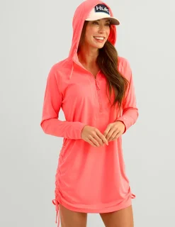 Huk Gear Cover-Up Dresses|Performance Tops-Womens Pursuit Cover-Up Dress Neon Coral