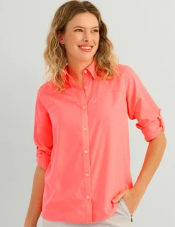Huk Gear Button Downs-Womens Tide Point Button-Down Neon Coral