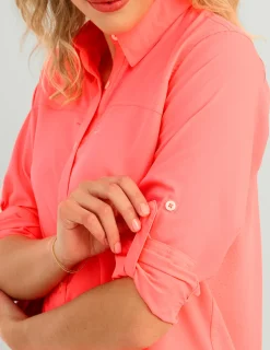 Huk Gear Button Downs-Womens Tide Point Button-Down Neon Coral