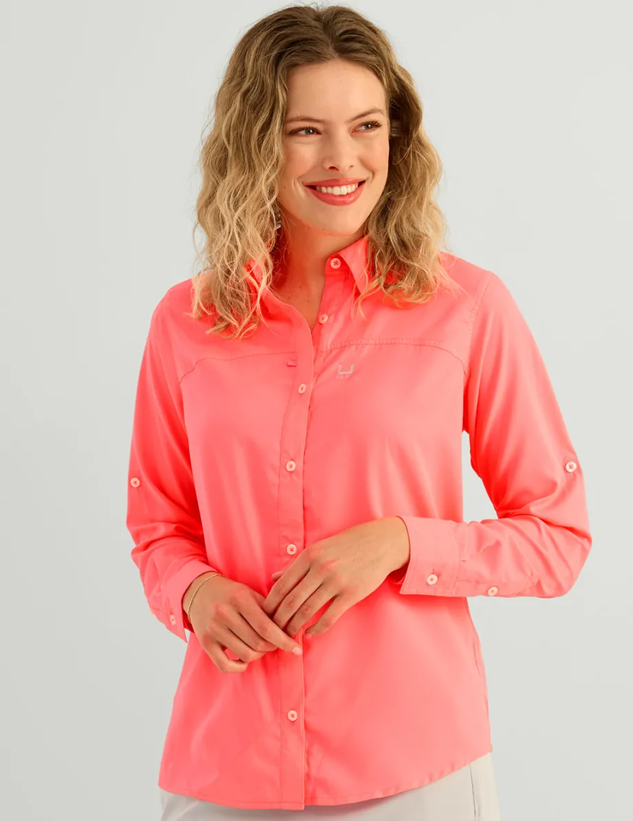 Huk Gear Button Downs-Womens Tide Point Button-Down Neon Coral