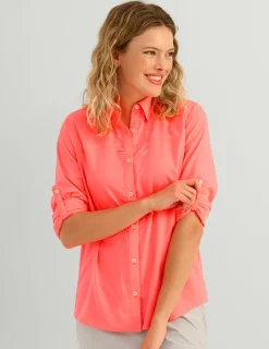 Huk Gear Button Downs-Womens Tide Point Button-Down Neon Coral