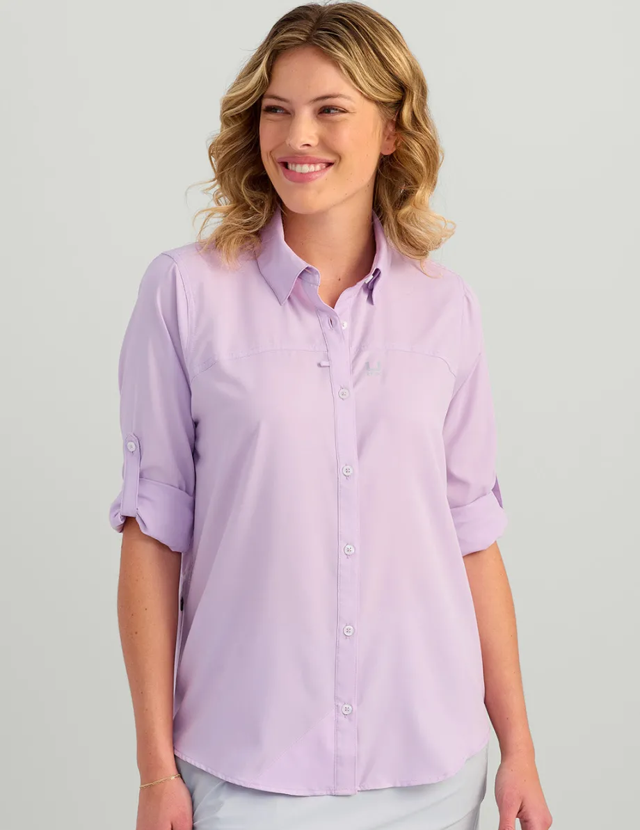 Huk Gear Button Downs-Womens Tide Point Button-Down Orchid Bloom