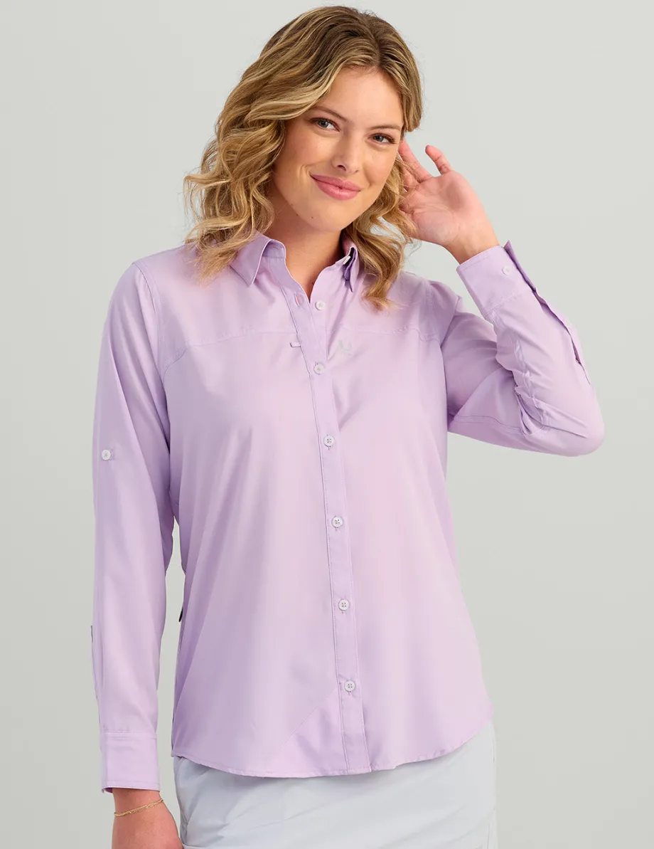 Huk Gear Button Downs-Womens Tide Point Button-Down Orchid Bloom